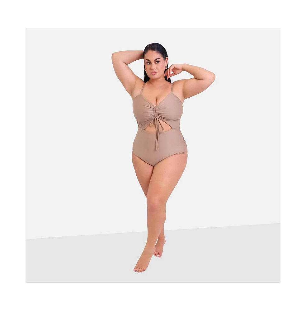 Rebdolls Plus Size Amara Drawstring Cut Out Swimsuit - Taupe