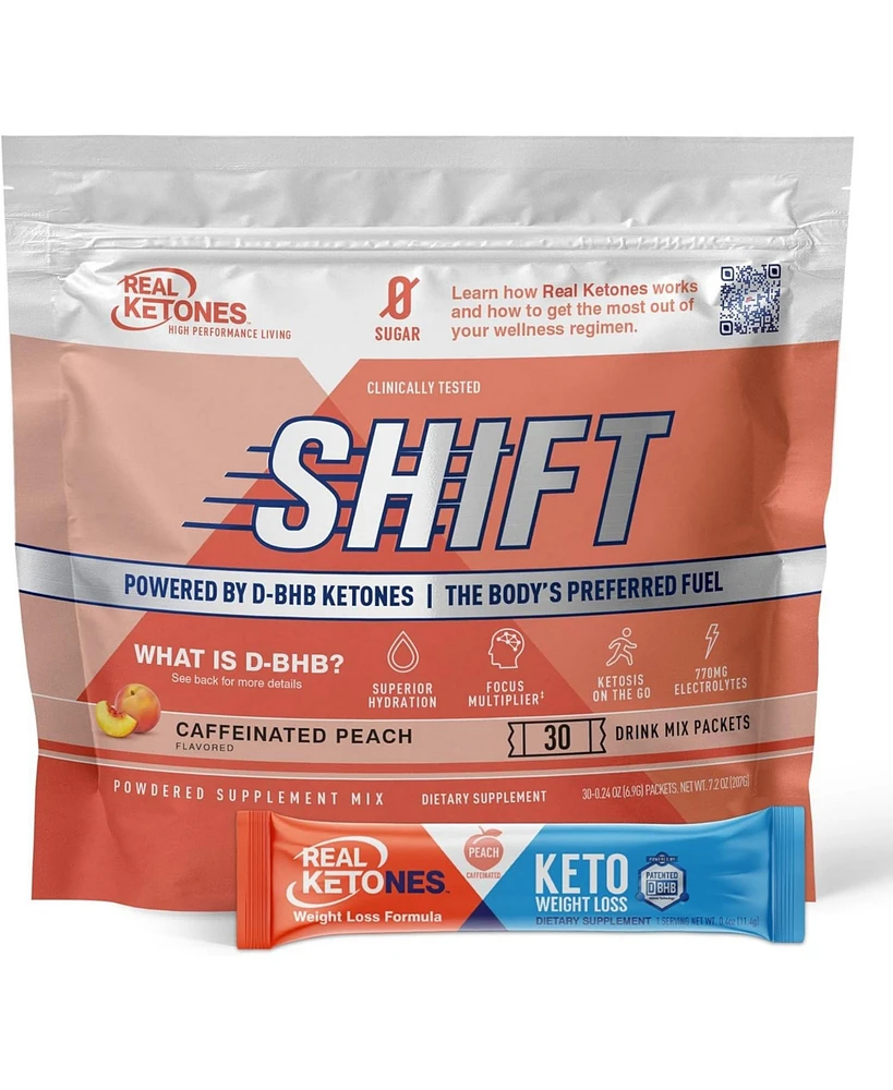 Real Ketones Shift Peach Exogenous D Bhb + Keto Electrolyte Powder, 30 Drink Mix Packets for Rapid Ketosis (Caffeinated)