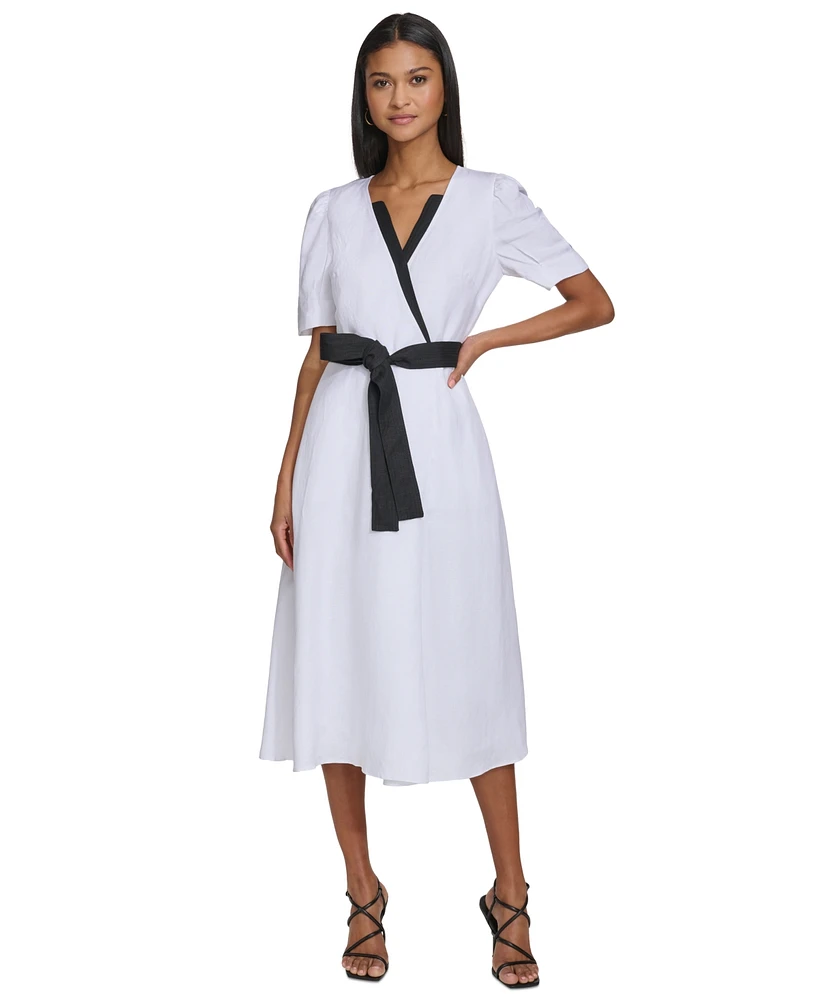 Karl Lagerfeld Paris Women's Linen-Blend Puff-Sleeve Midi Dress