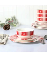 Martha Stewart Plaid Decorated Red White 12 Piece Dinnerware Set, Service for 4