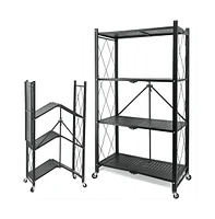 4-Tier Foldable Storage Shelving Unit, Heavy Duty Metal Shelf, Kitchen Shelf with 3 Hooks