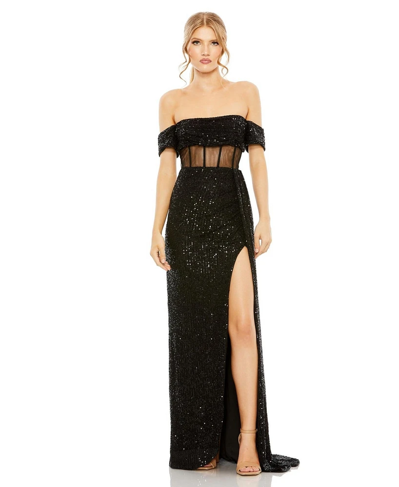 Mac Duggal Women's Sequined Gown With Sheer Corset Waist And Slit