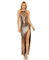 Mac Duggal Women's High Neck Crystal Detail Metallic Slit Gown