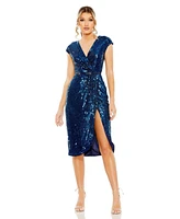 Mac Duggal Women's Sequin Faux Wrap Front Slit Dress