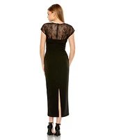 Mac Duggal Women's Sheer Lace Top Crepe Midi Dress