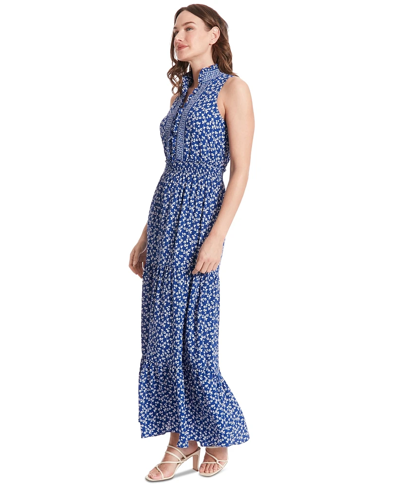 London Times Petite Floral-Print Ruffle-Collar Maxi Dress