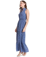 London Times Petite Floral-Print Ruffle-Collar Maxi Dress