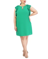 Vince Camuto Plus Jewel-Neck Pleat-Sleeve Dress