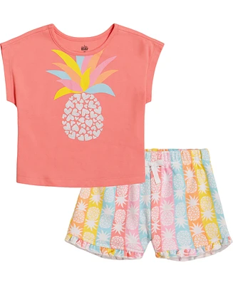 Kids Headquarters Little Girls Pineapple Tee and Printed French Terry Shorts, 2 piece set