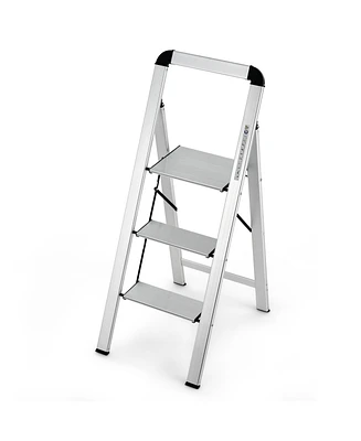 Slickblue 3-Step Ladder Aluminum Folding Step Stool with Non-Slip Pedal and Footpads-Sliver