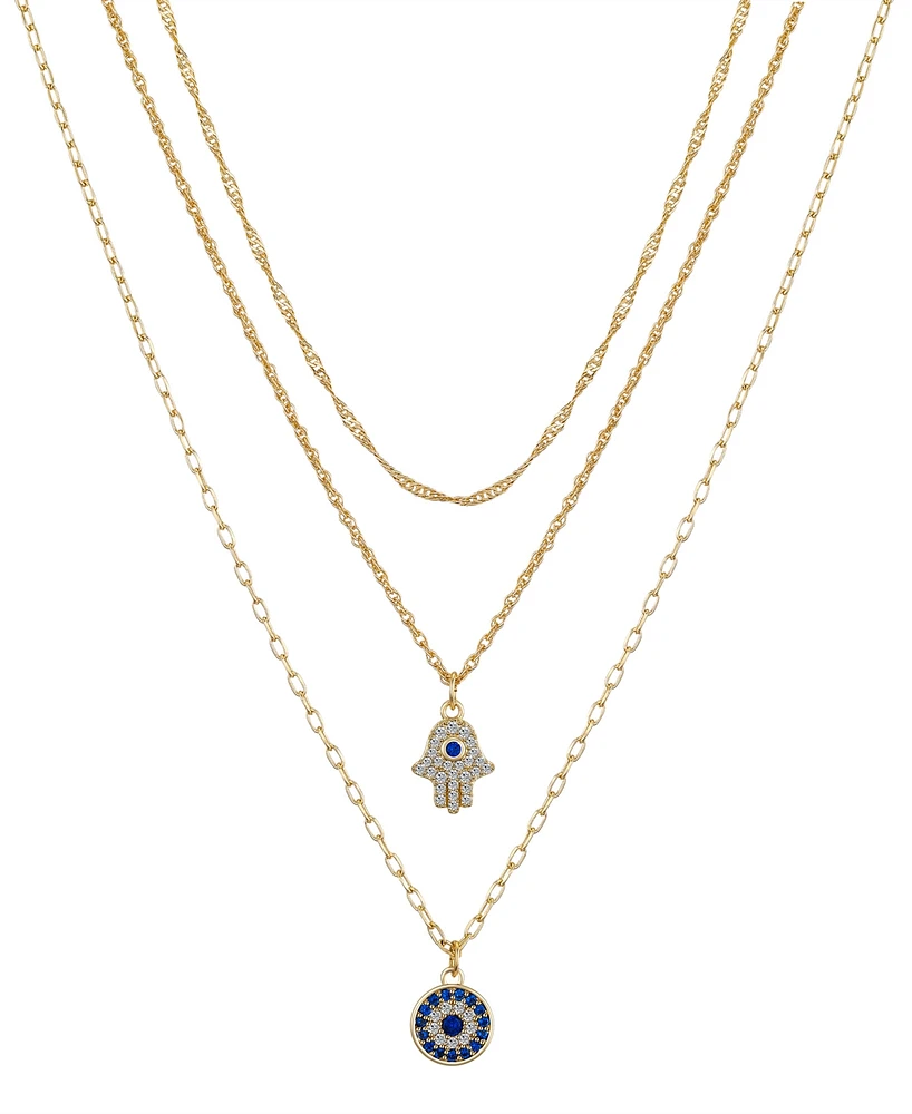 Unwritten Cubic Zirconia Hamsa Evil Eye Layered 3-Piece Necklace Set