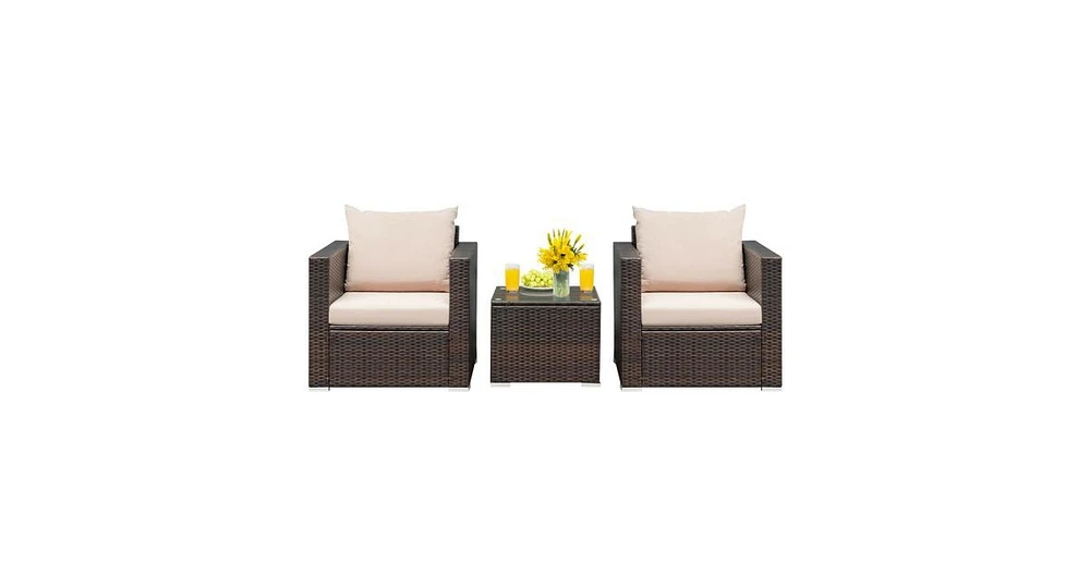 Slickblue 3 Pcs Patio Conversation Rattan Furniture Set with Cushion