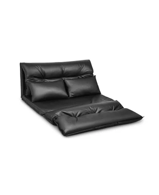 Slickblue Foldable Pu Leather Leisure Floor Sofa Bed with 2 Pillows-Black