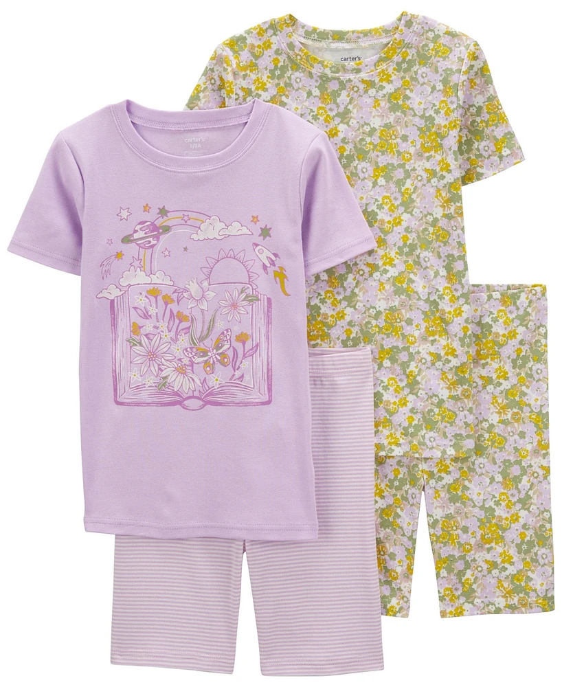 Carter's Little Girls Floral T-shirt and Shorts Pajama Set, 4 Piece Set