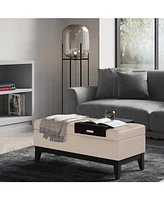 Simpli Home Oregon Storage Ottoman Bench with Tray Satin Cream Pu Leather
