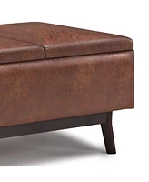 Simpli Home Owen Tray Top Small Coffee Table Storage Ottoman in Distressed Saddle Brown Pu Leather