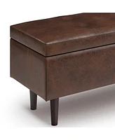 Simpli Home Shay Mid Century Rectangular Storage Ottoman in Distressed Chestnut Brown Pu Leather