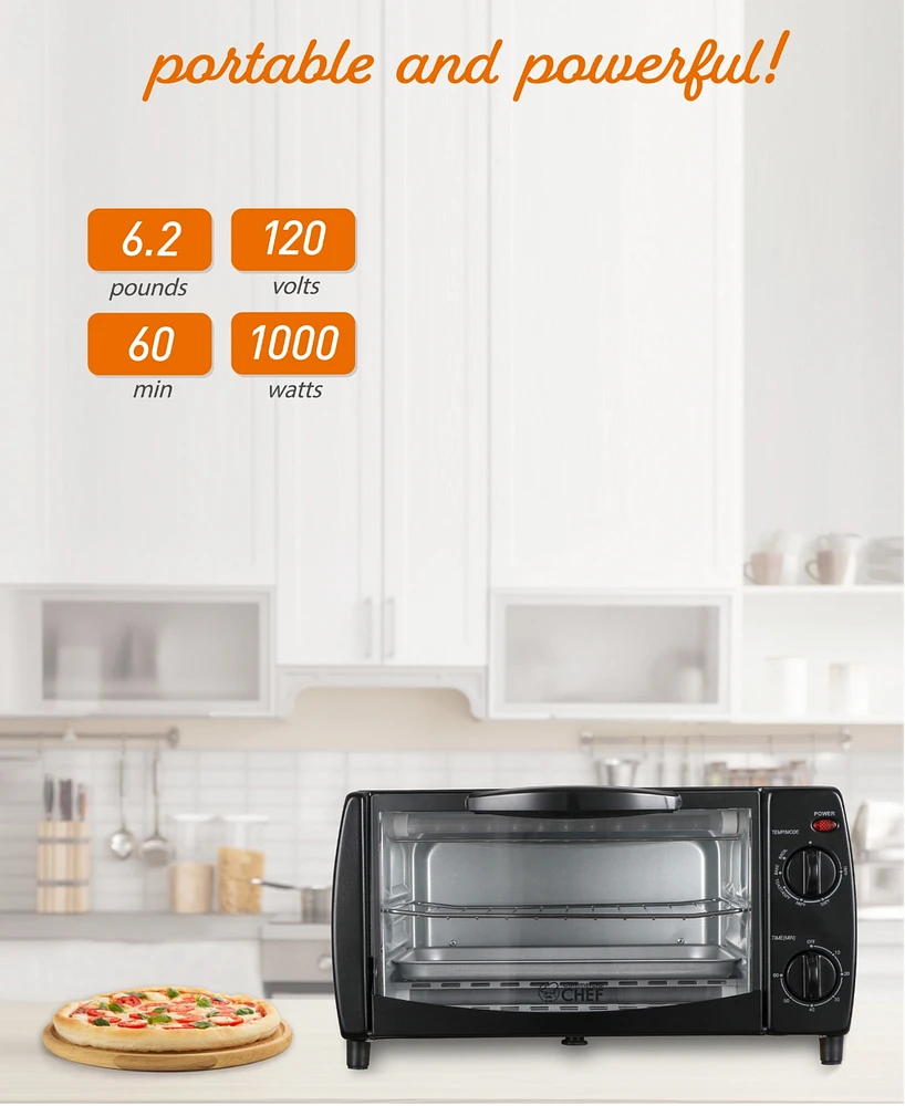 Commercial Chef Toaster Oven, Pizza Oven with Toast, Bake, Broil, Keep Warm, 4 Slice Toaster with Top Bottom Heaters, 9" Pizza Cooker for Kitchen Coun