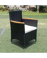 7 Piece Outdoor Patio Wicker Dining Set Patio Wicker Furniture Dining Set with Acacia Wood Top