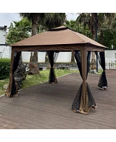 Pop Up Gazebo Canopy With Netting, 2-Tier Soft Top Tent, 11x11FT, Brown