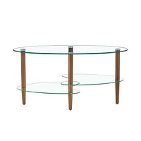 Modern Oval Glass Coffee Table with Oak Wood Legs