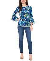 Sam & Jess Petite Floral-Print Bell-Sleeve Piped Top