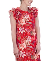 Jessica Howard Petite Printed Jewel-Neck Ruffle-Sleeve Dress