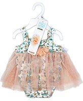 Baby Mode Girls 2 Piece Peach Floral Romper with Tulle Over Skirt and Matching Headband