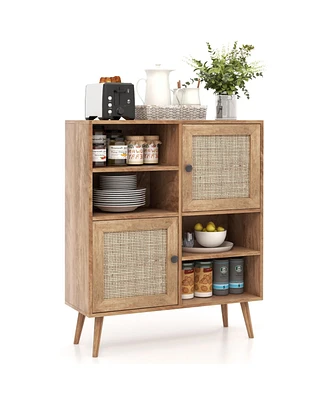 Slickblue Rattan Buffet Cabinet with 2 Doors and 2 Cubbies
