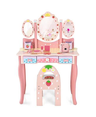Slickblue Kids Vanity Princess Makeup Dressing Table Chair Set with Tri-fold Mirror