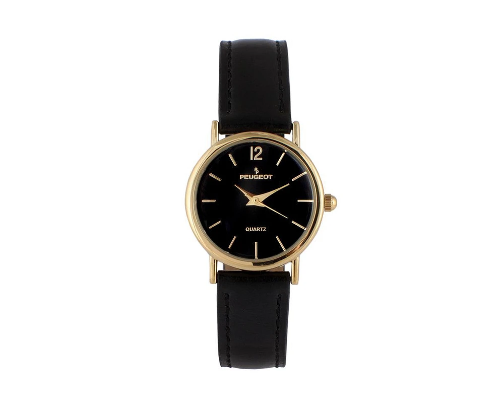 Peugeot Women's Classic Easy Read Black Watch with Black Leather Strap