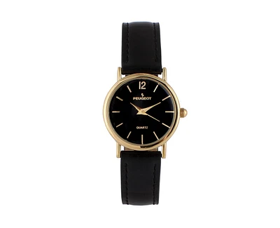 Peugeot Women's Classic Easy Read Black Watch with Black Leather Strap