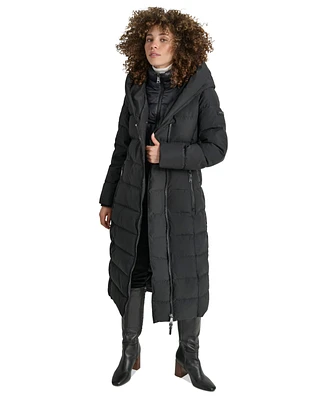 Dkny Women's Bibbed Shawl Collar Hooded Puffer Coat