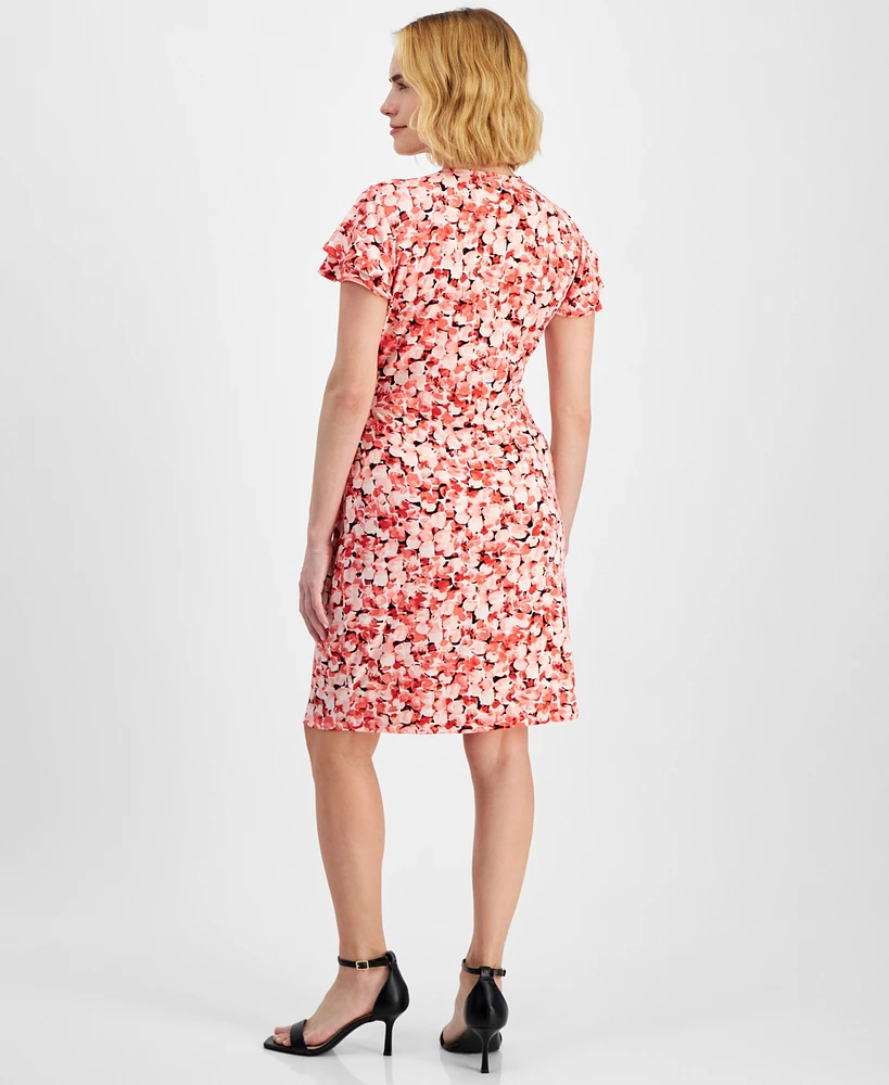 Anne Klein Petite Printed Flutter-Sleeve Faux-Wrap Dress