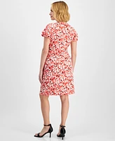 Anne Klein Petite Printed Flutter-Sleeve Faux-Wrap Dress