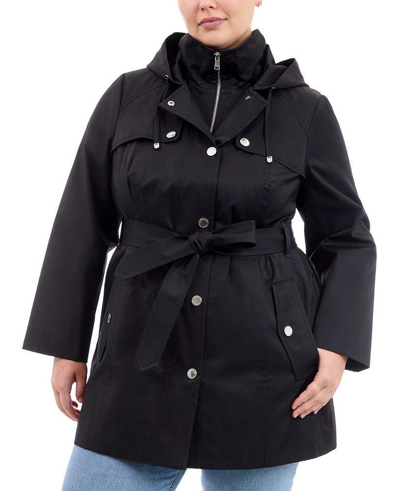 London Fog Plus Hooded Belted Zip-Front Raincoat