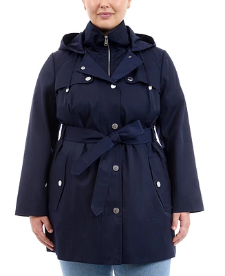 London Fog Plus Size Hooded Belted Zip-Front Raincoat