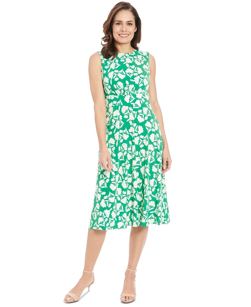 London Times Petite Floral-Print Jewel-Neck Midi Dress