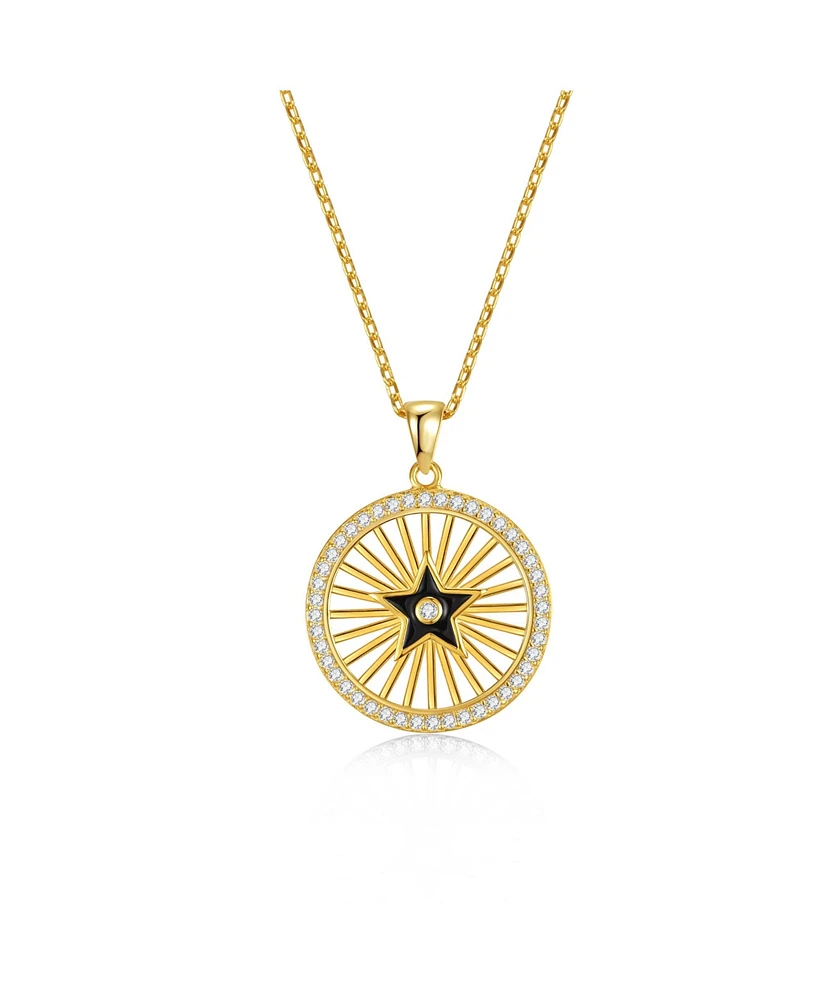 Genevive Sterling Silver 14k Gold Plated with Cubic Zirconia Rays of Light Black Enamel Star Medallion Pendant Necklace