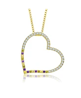 Sterling Silver with Round Cubic Zirconia Thin Open Heart Frame Necklace