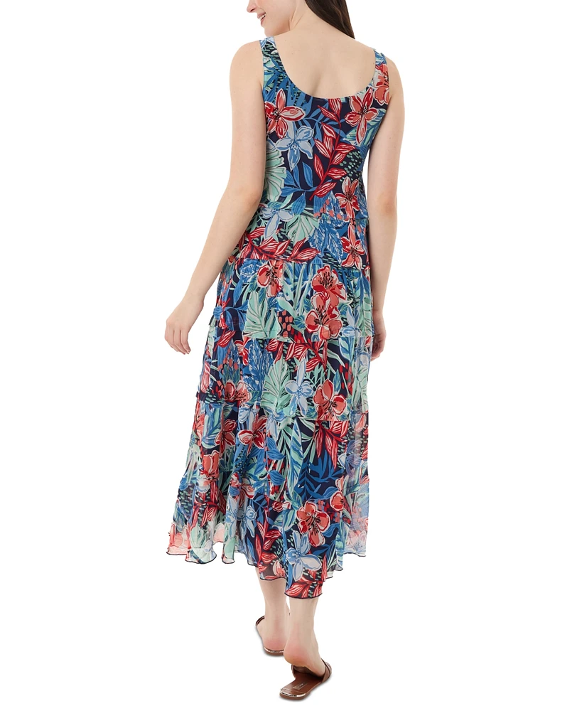 Jones New York Petite Floral-Print Tiered-Mesh Dress