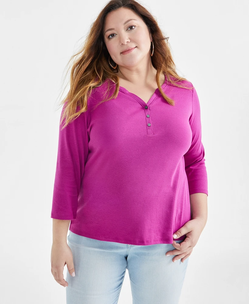 Style & Co Plus Size 3/4-Sleeve Cotton Henley Top, Created for Macy's