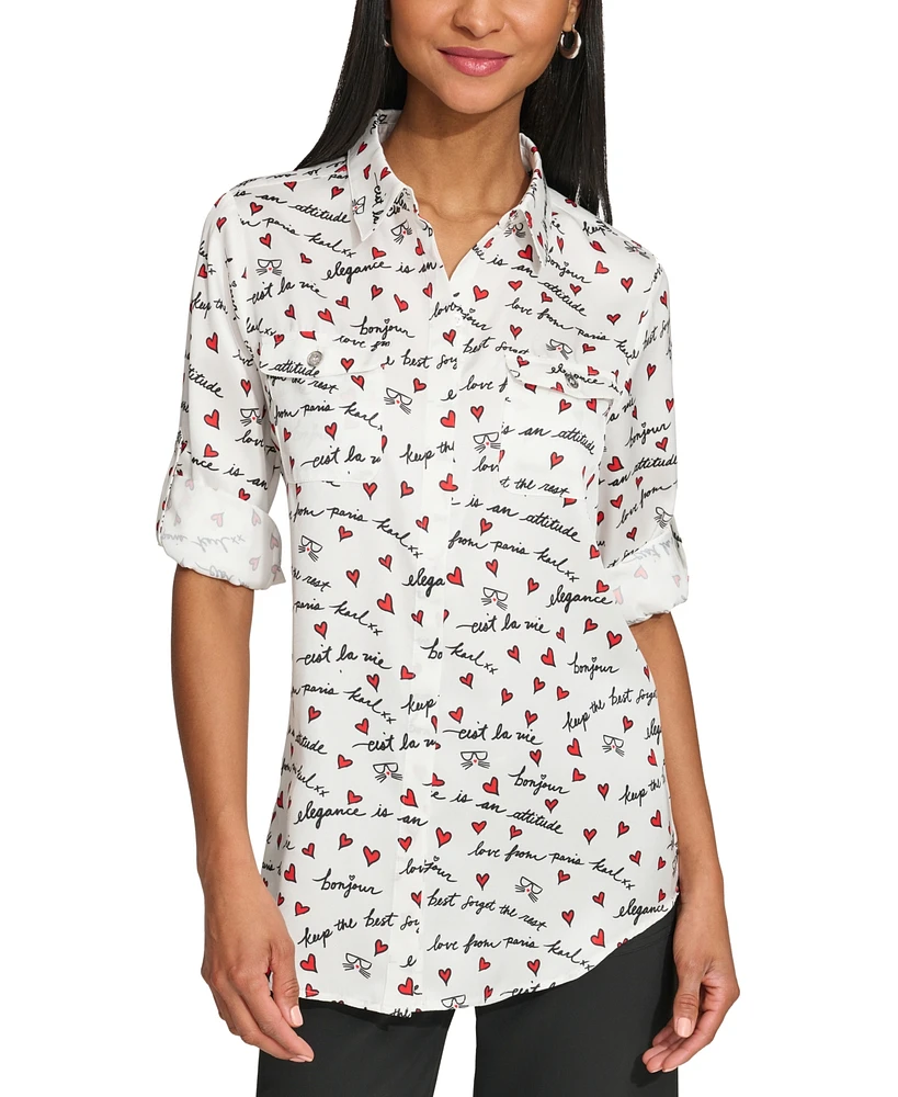 Karl Lagerfeld Paris Women's Whimsical-Print Roll-Sleeve Top