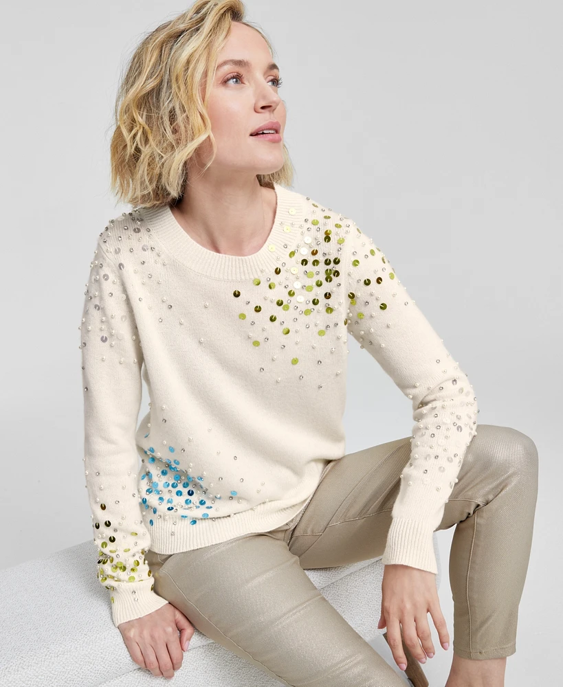 Charter Club Women's Cashmere Sequin Embellished Crewneck Sweater, Created for Macy's