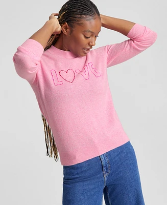 Charter Club Women's Cashmere Love Embroidered Crewneck Sweater, Created for Macy's