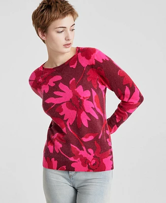 Charter Club Women's 100% Cashmere Floral-Print Long-Sleeve Sweater, Regular & Petite, Created for Macy's