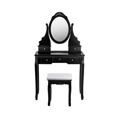 Slickblue Wooden Vanity Set with 360° Rotating Oval Mirror and Cushioned Stool