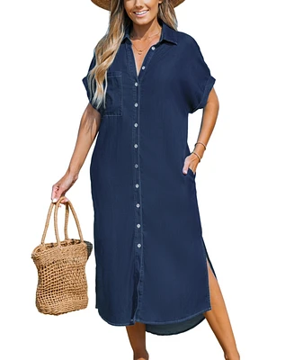 Cupshe Women's Denim Short Sleeve Button Down Cover Up Dress