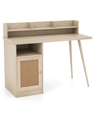Slickblue 48 Inch Computer Desk with Hutch and Pe Rattan Cabinet Shelves