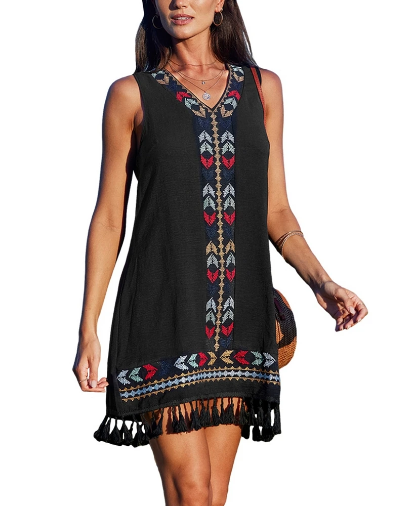 Cupshe Women's Retro Boho Embroidered Tassel Mini Cover Up Dress